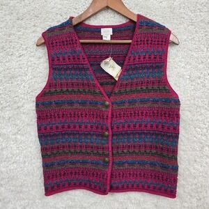 Alps Knit Sweater Vest Women Medium Sangria Pink Geometric Button Front Boho